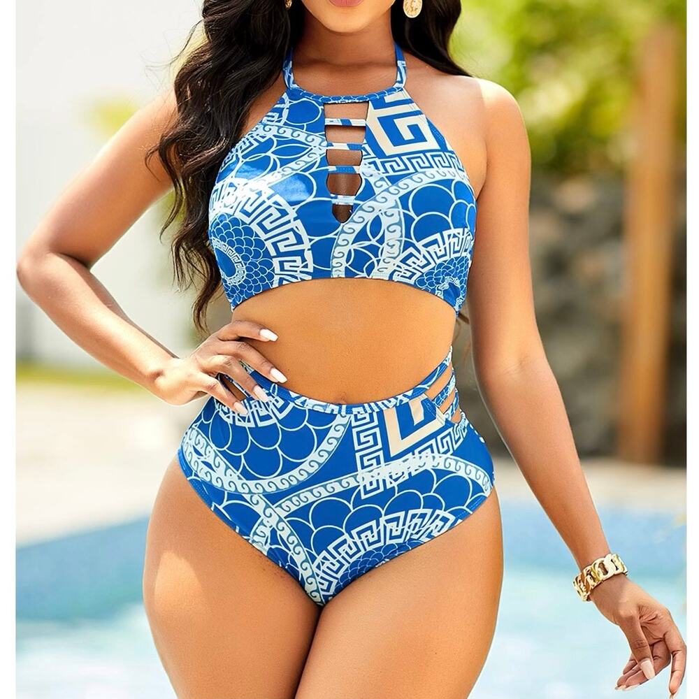 NWT Rosewe Blue Geometric Print Halter Bikini Swimsuit. Size M